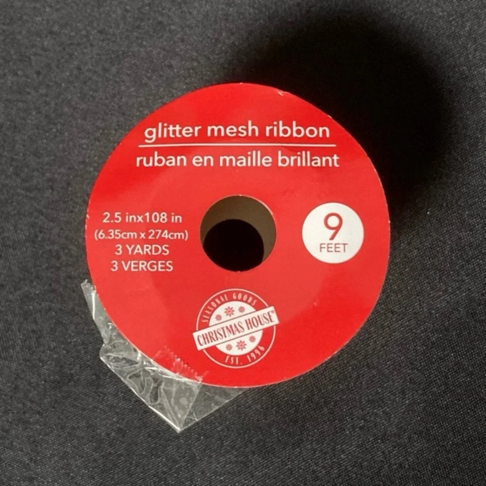 Christmas House Green Glitter Mesh Craft Ribbon 2.5” x 108”